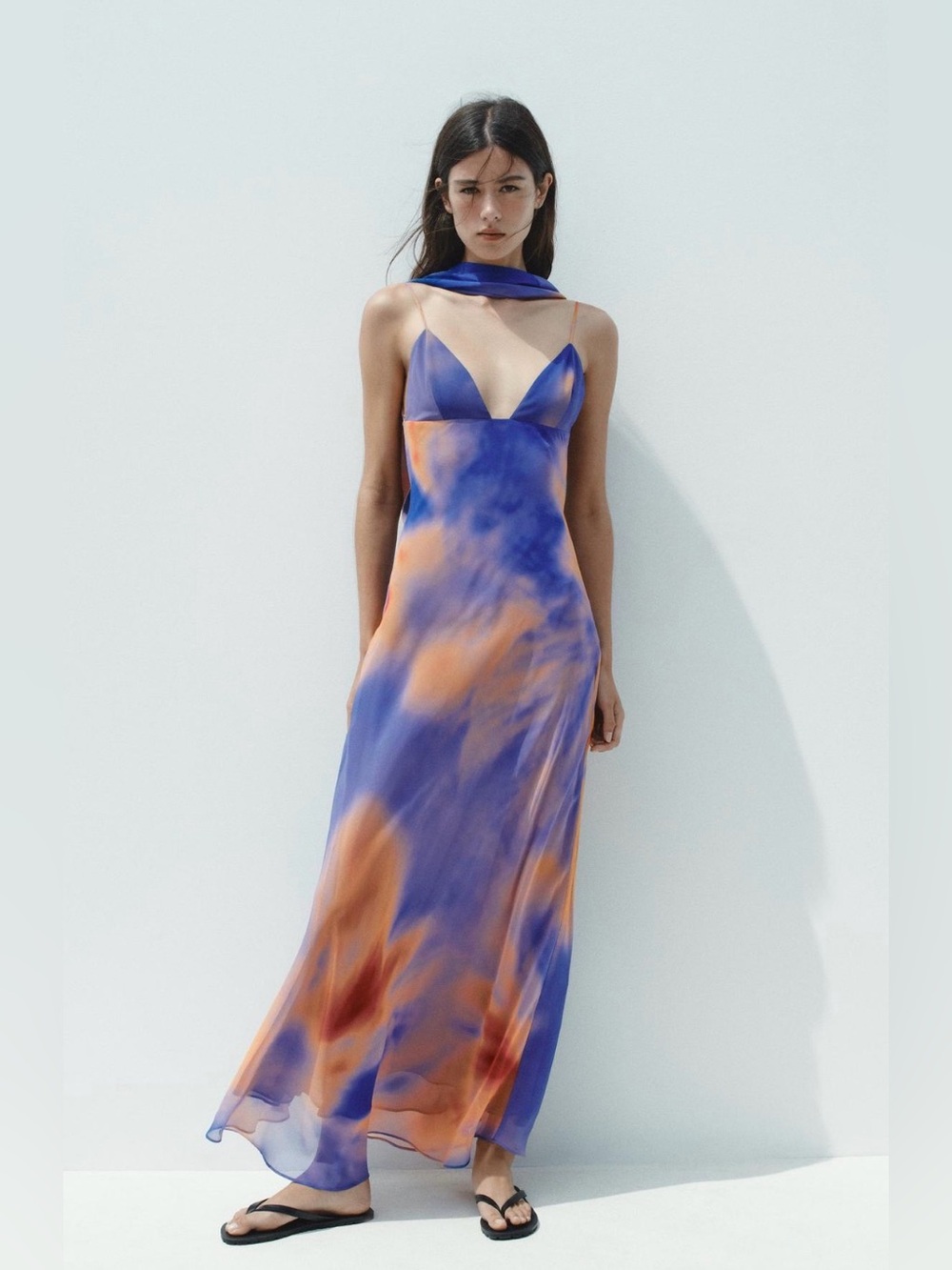 Zara Blue and Orange Tie-Dye Halter Maxi Dress with Scarf Tie